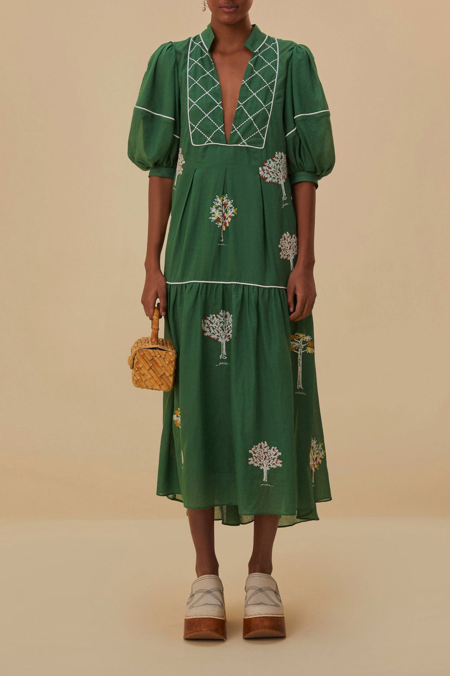 Green Embroidered Trees Midi Dress