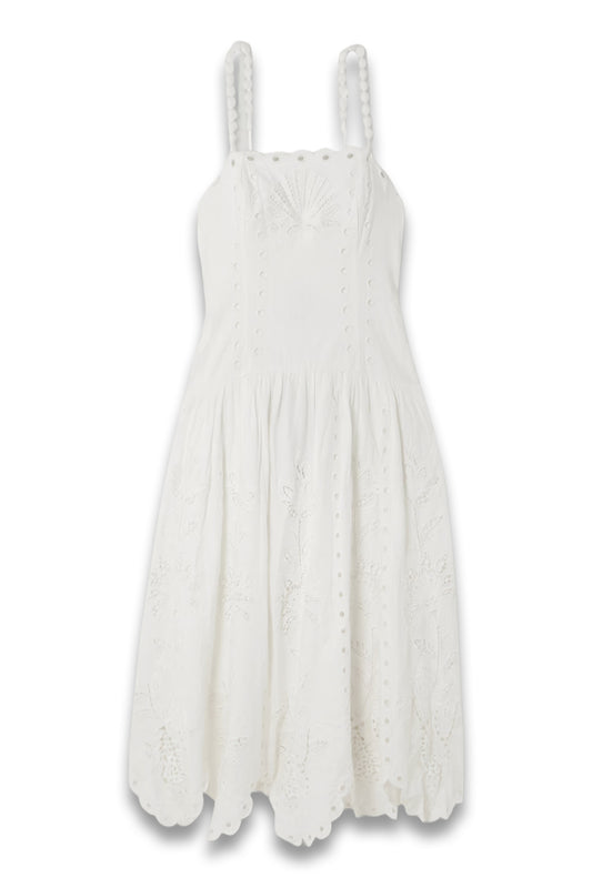 Richelieu Scalloped Gathered Broderie Anglaise Linen-Blend Midi Dress