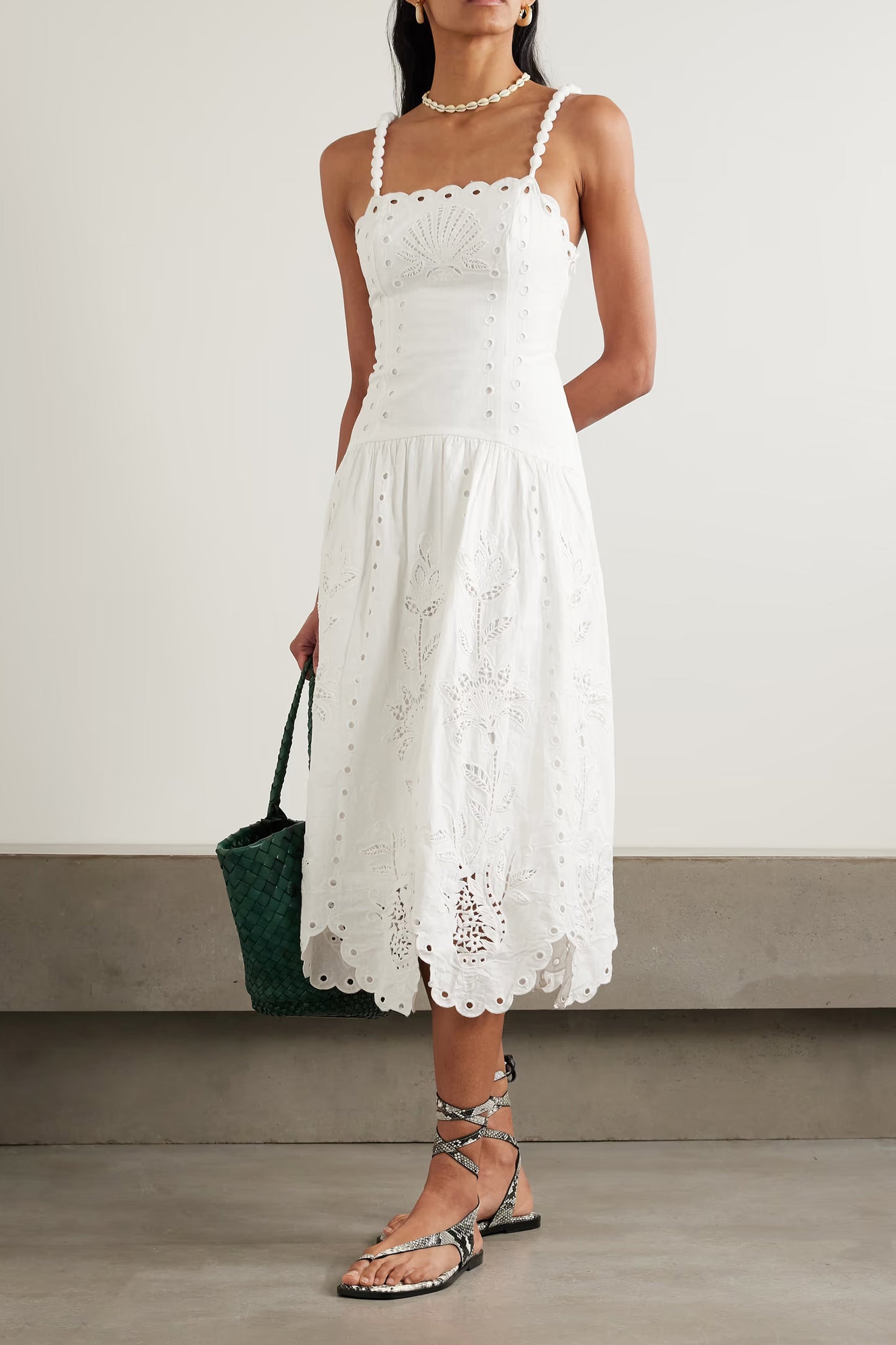Richelieu Scalloped Gathered Broderie Anglaise Linen-Blend Midi Dress