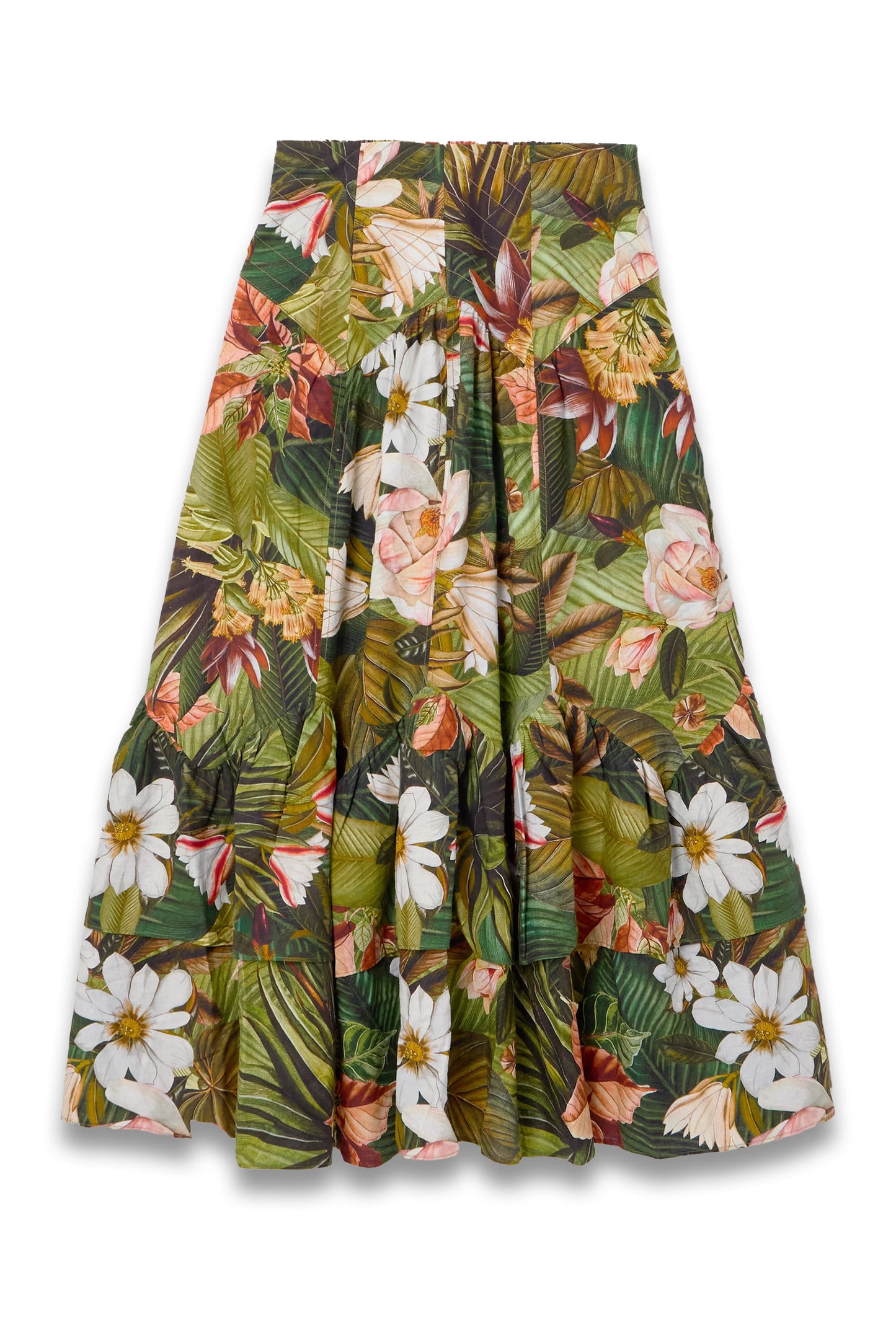 Botanical Forest Asymmetric Tiered Linen-Blend Midi Skirt