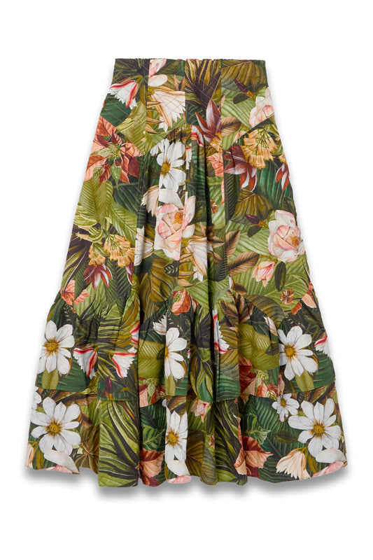 Botanical Forest Asymmetric Tiered Linen-Blend Midi Skirt