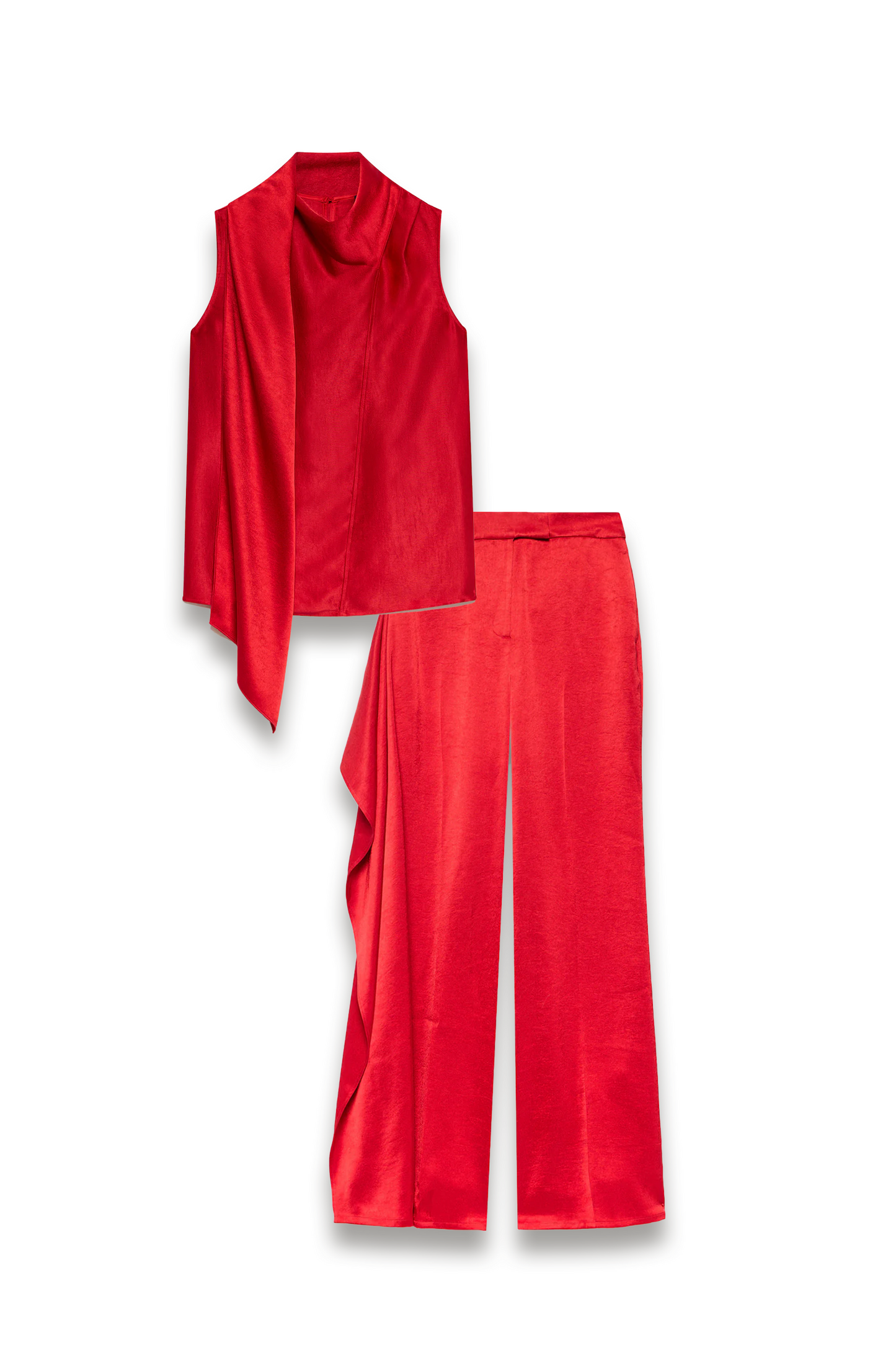 Red Satin Scarf-detail Top and Trousers