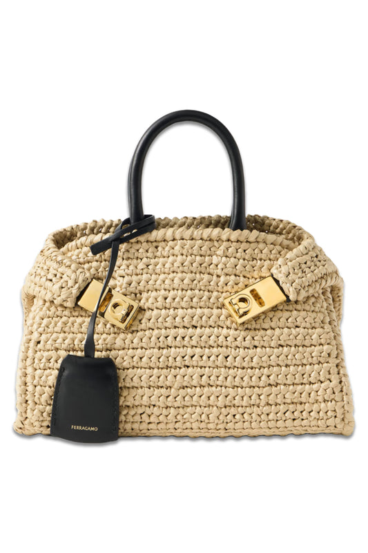Hug Mini Leather-Trimmed Raffia Tote