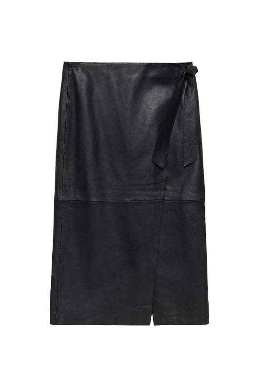 Black Leather Tie Midi Skirt