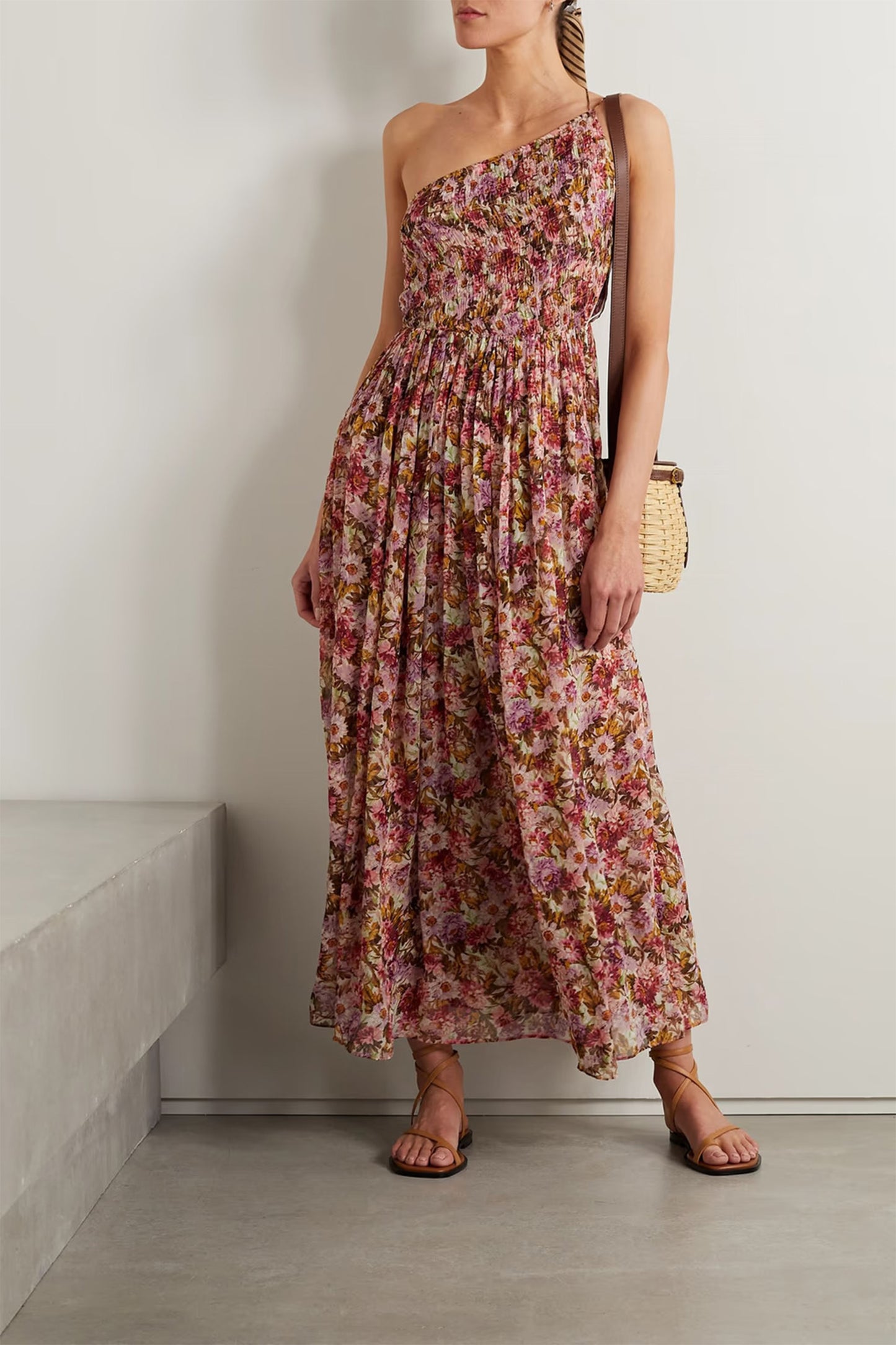 Felicity One-shoulder Shirred Floral-print Silk-gauze Maxi Dress