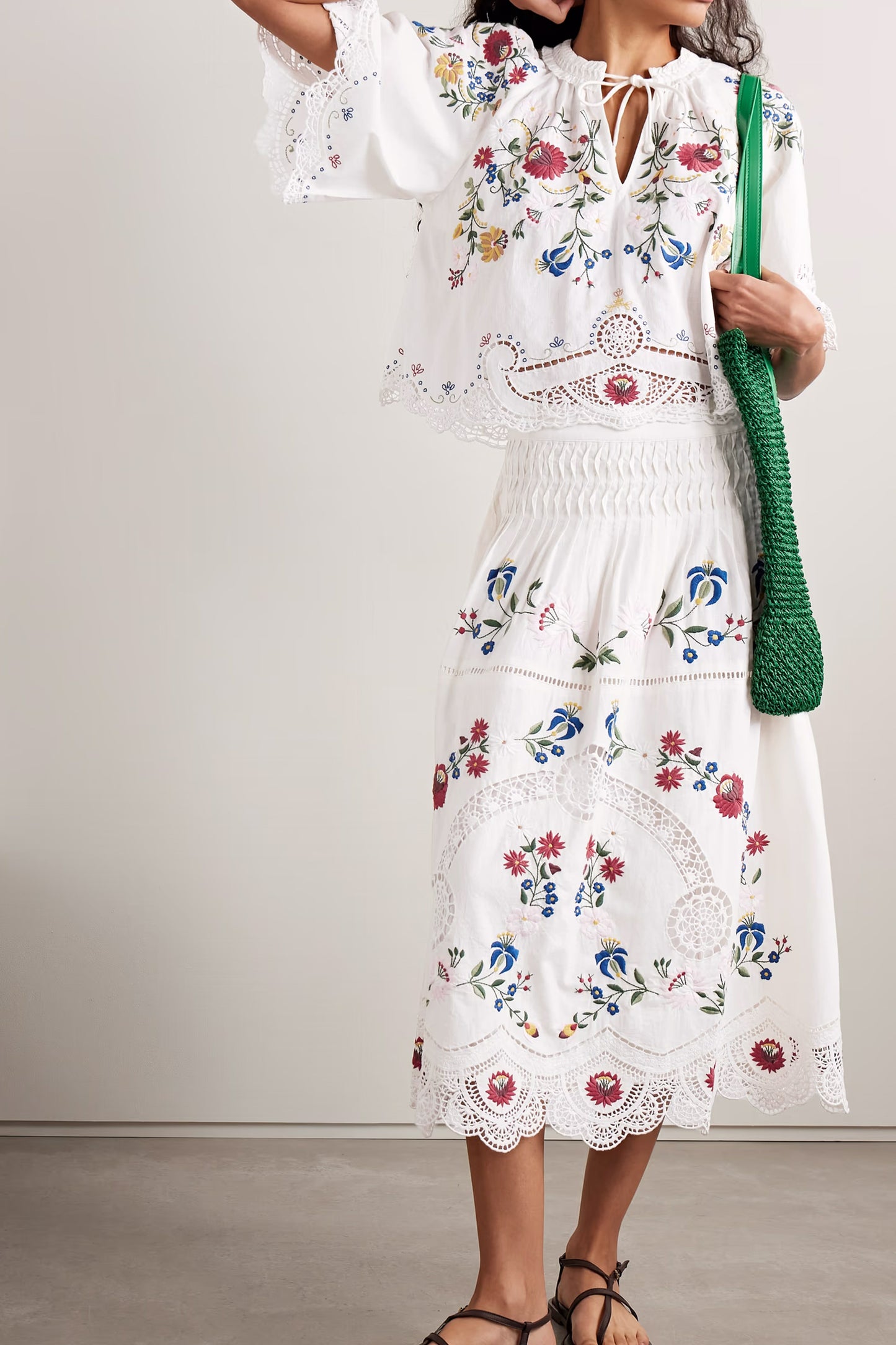 Celia Tie-Neck Ruffled Broderie Anglaise Cotton And Linen-Blend Blouse