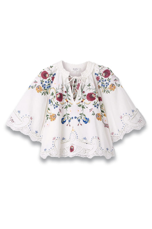 Celia Tie-Neck Ruffled Broderie Anglaise Cotton And Linen-Blend Blouse
