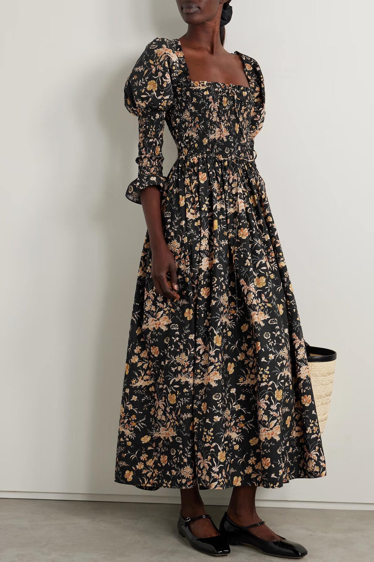 + NET SUSTAIN Bijou Shirred Floral-print Organic Cotton-poplin Maxi Dress