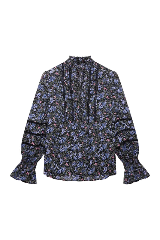 Black Floral Print Boho Blouse