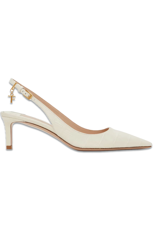 White Stamped Croc Slingback Heels, White