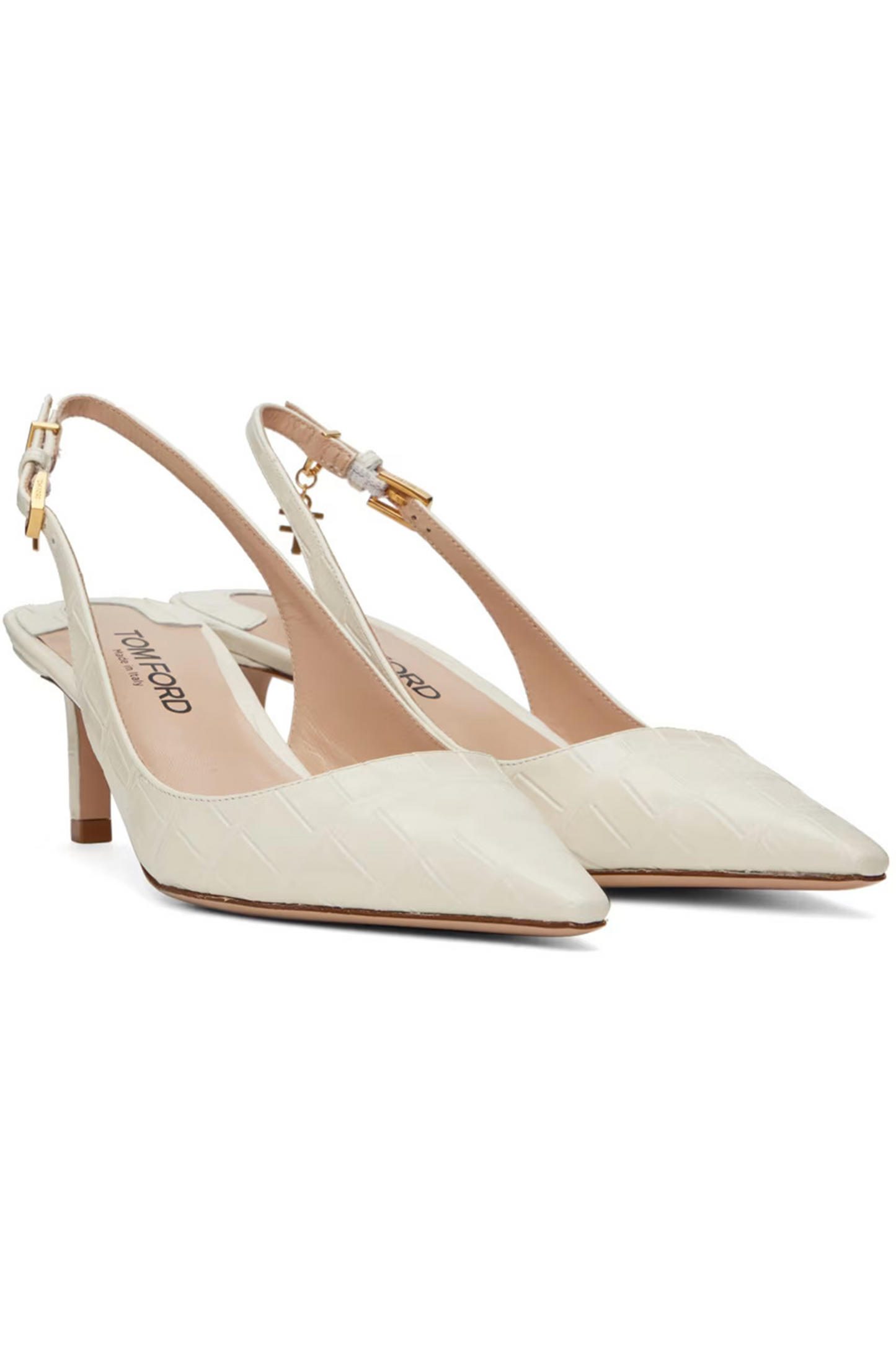 White Stamped Croc Slingback Heels, White