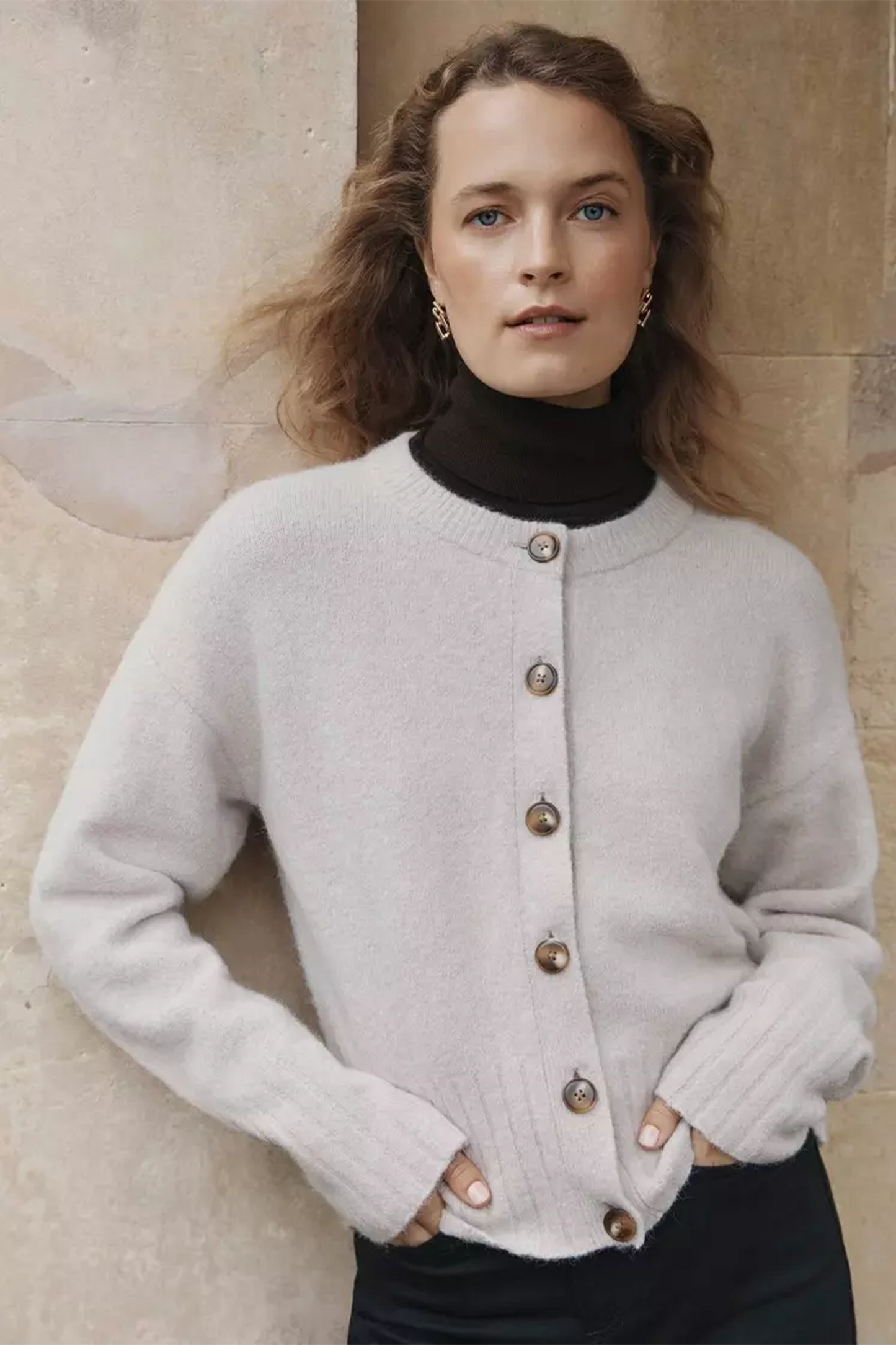 Oatmeal Freya Crewneck Button Knitted Cardigan
