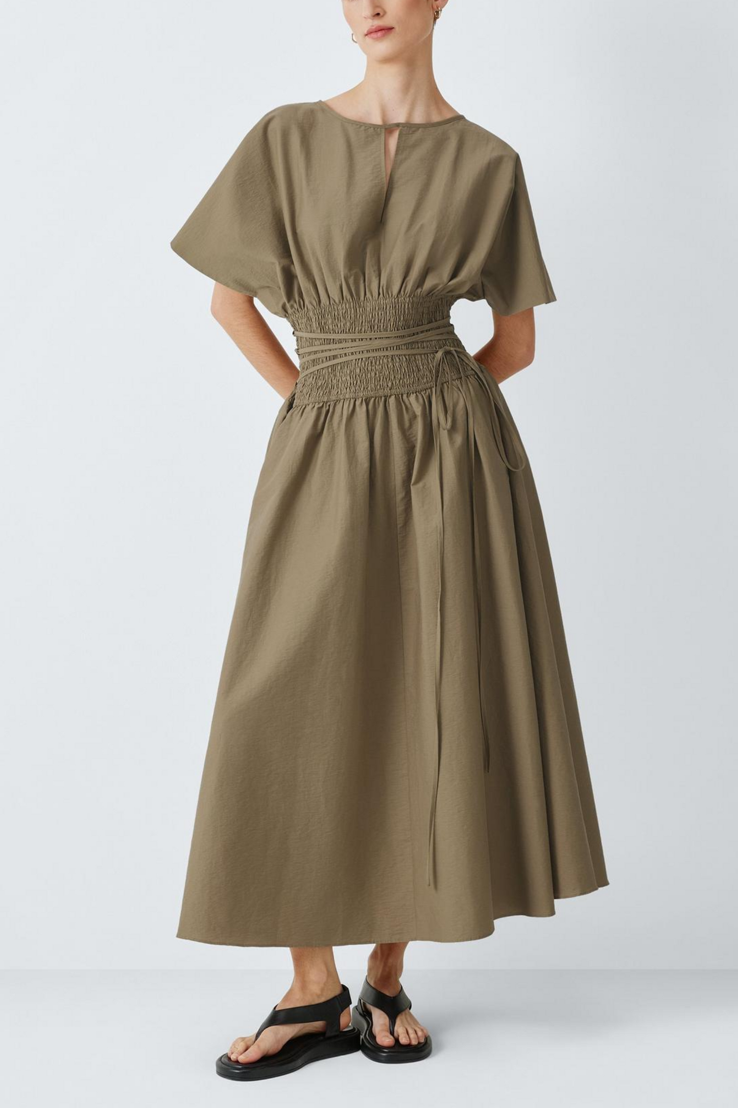 Shirred Bodice Short-sleeve Midi Dress