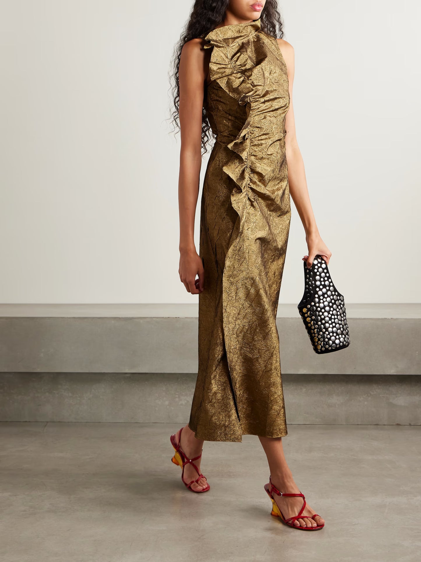 Demetria Ruffled Ruched Metallic Crinkled-taffeta Midi Dress