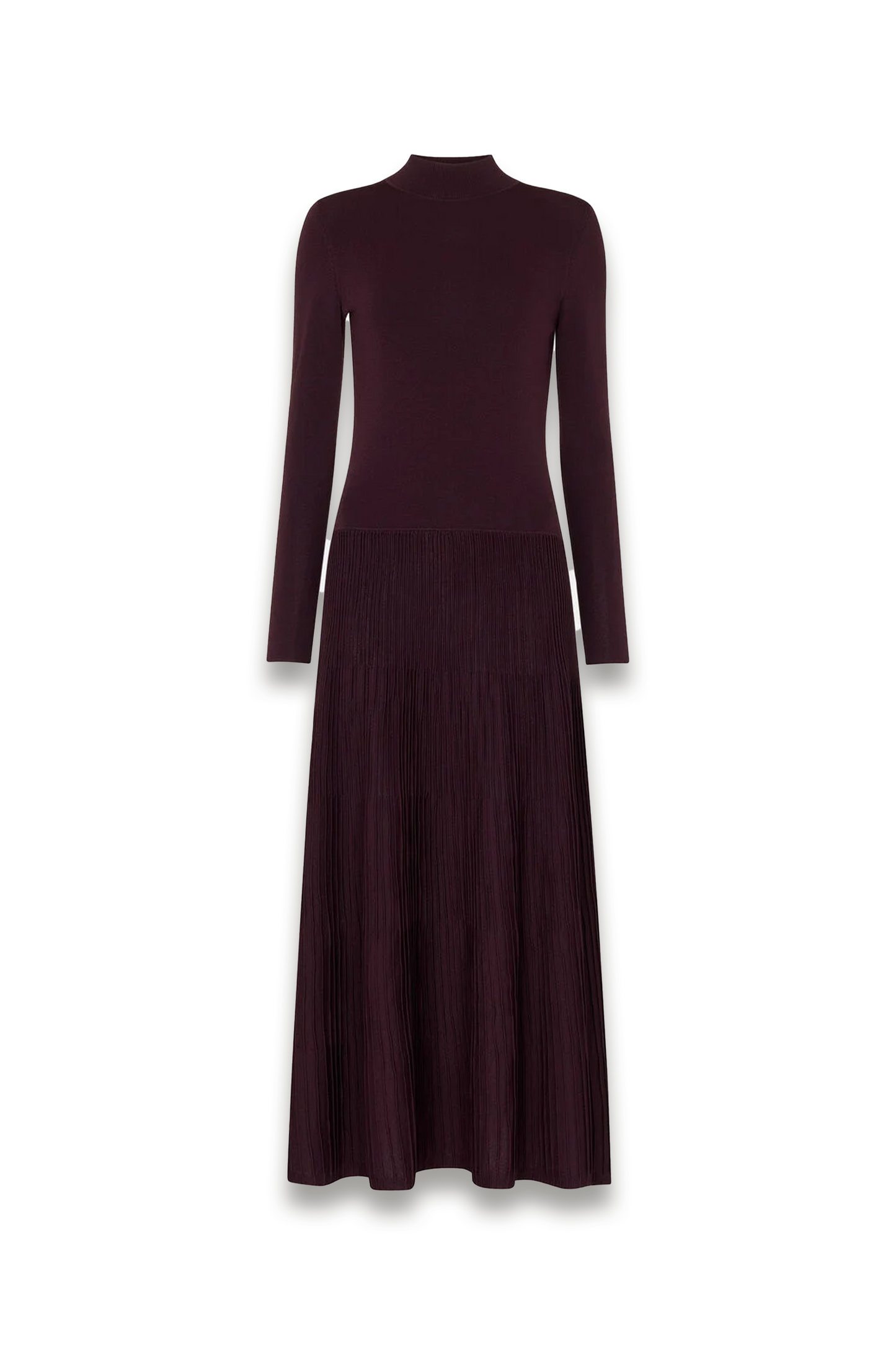 Petite Funnel-neck Pleated-knit Dress in Plum
