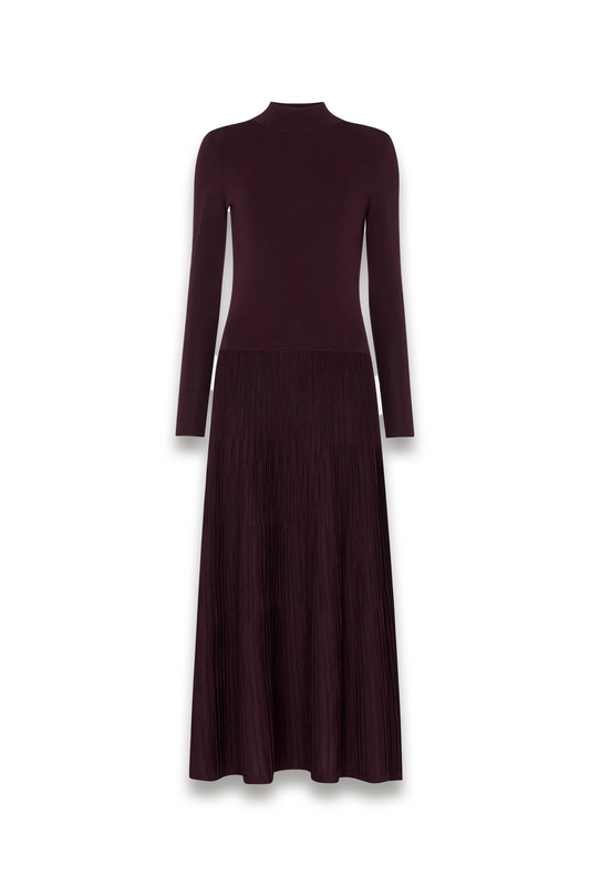 Petite Funnel-neck Pleated-knit Dress in Plum