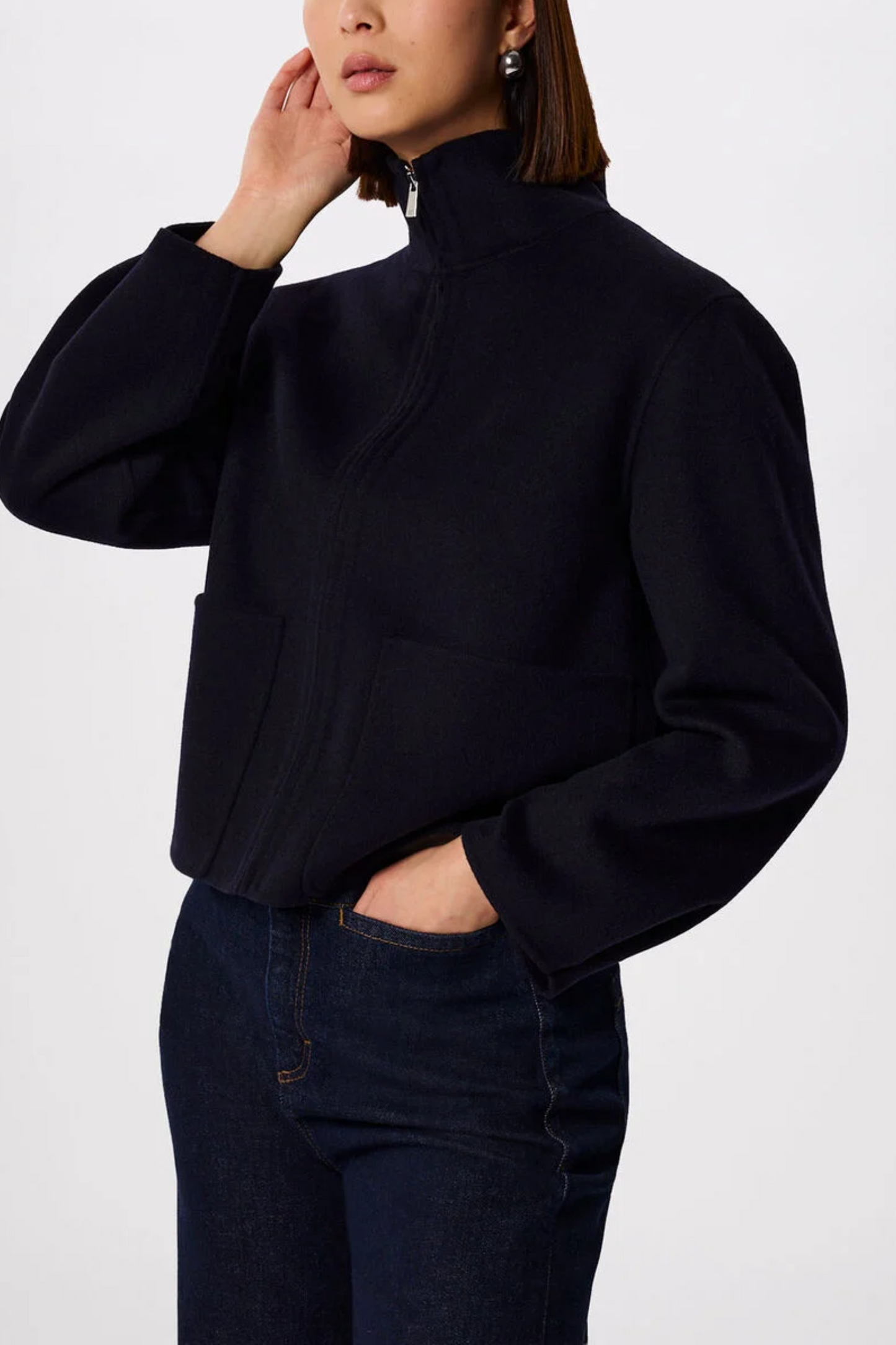 Navy Funnel-neck Double-face Jacket
