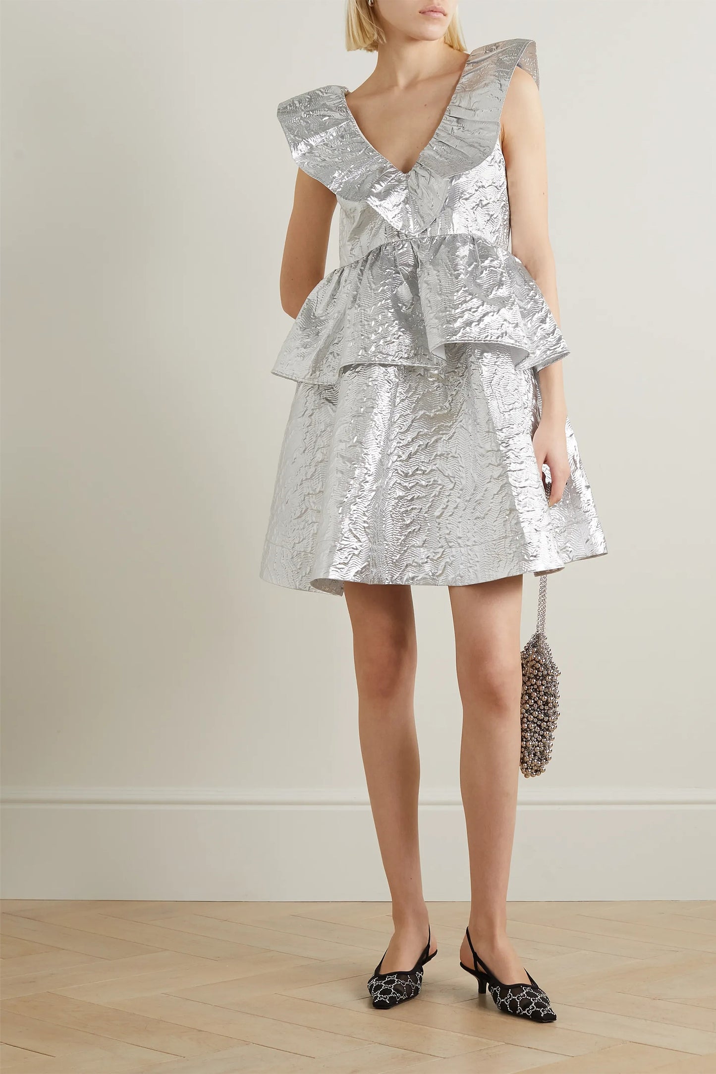 Ruffled Metallic Cotton-blend Cloqué Mini Dress