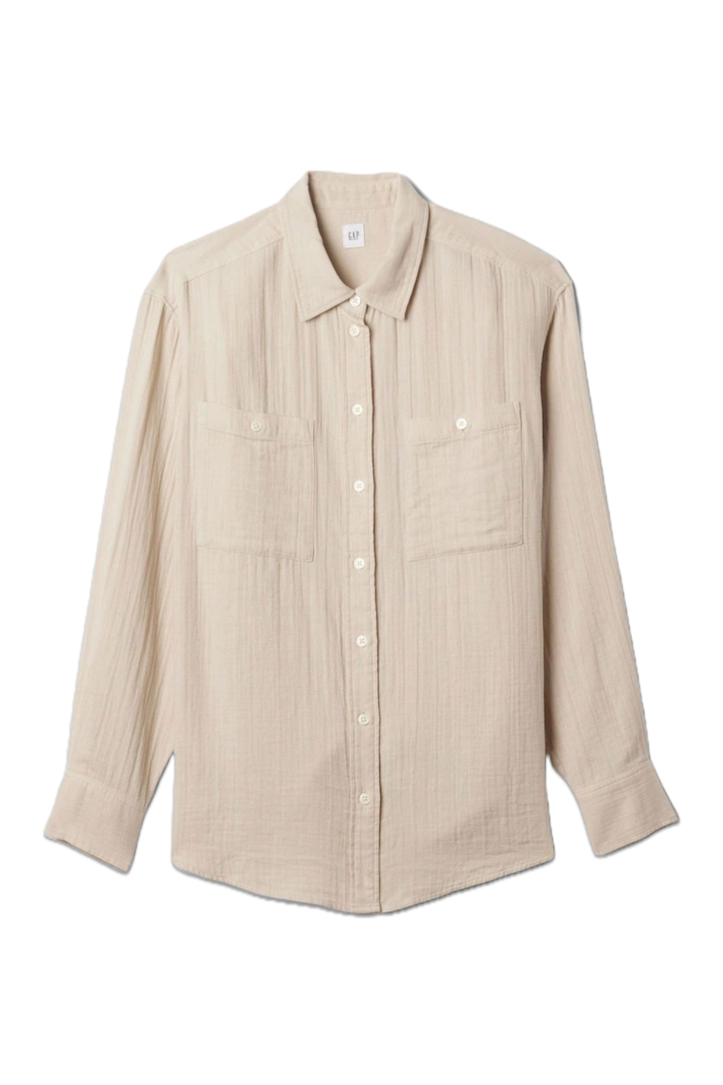 Crinkle Beige Cotton Long Sleeve Oversize Shirt