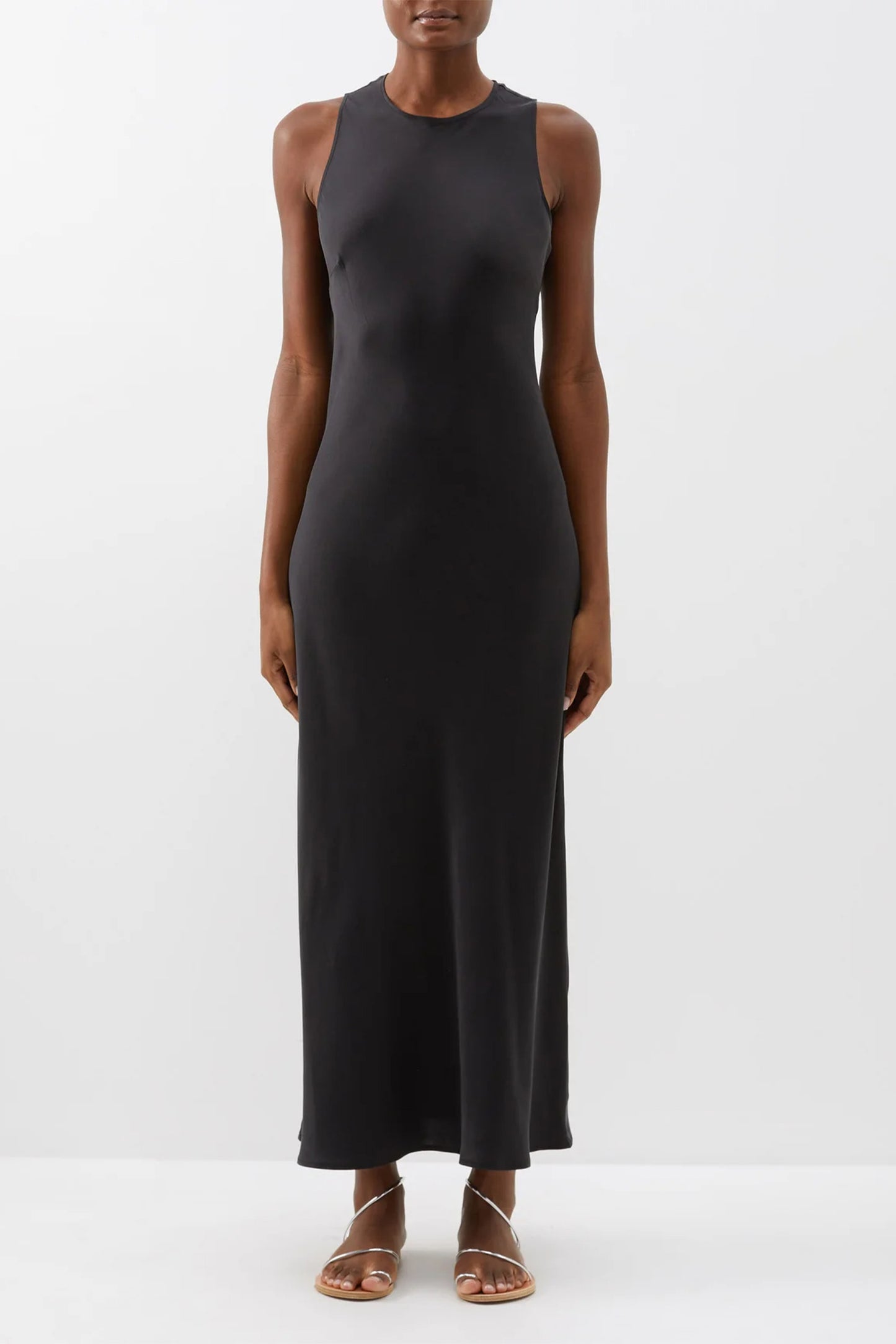 Valencia High-neck Black Silk-satin Maxi Dress