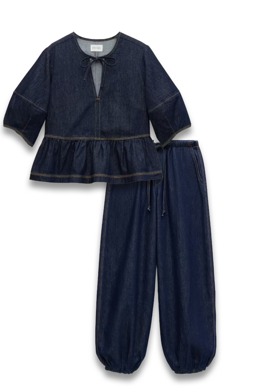 Barrel-sleeve Denim Top and Bubble-hem Jeans