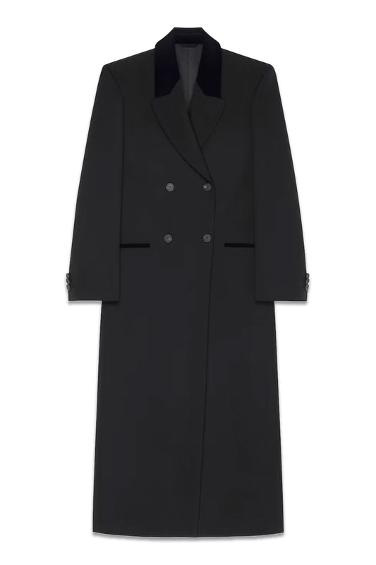 Double Breasted Coat In Tricotine Wool With Velvet Details