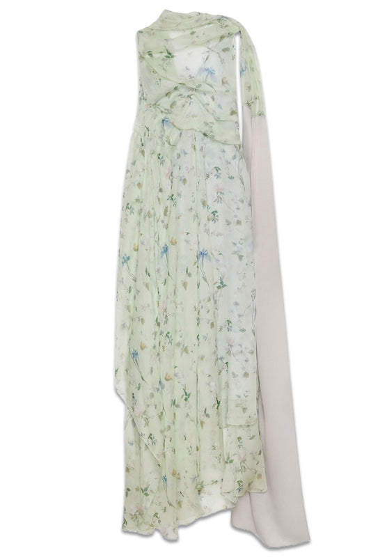 Printed Draped Dress In Silk Chiffon With Lavallière