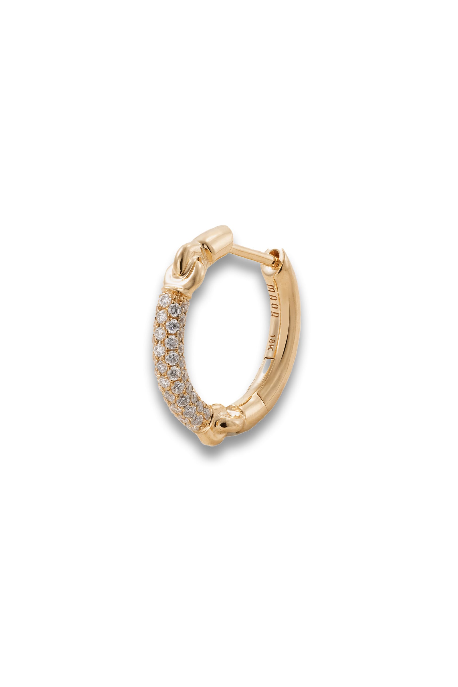 Gold hoop earring with diamond accents on a white background