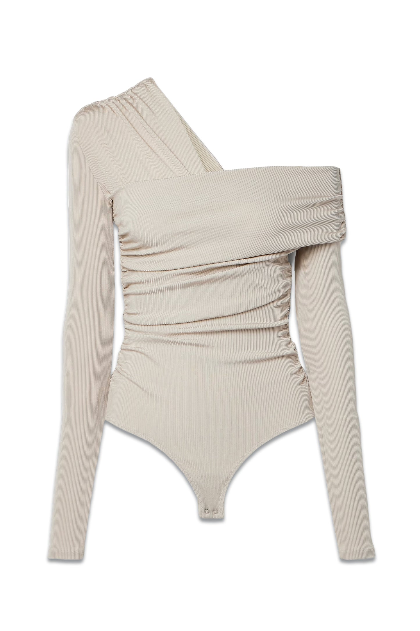 The Fonteyn Off-the-shoulder Ruched Ribbed Stretch-jersey Thong Bodysuit Ecru