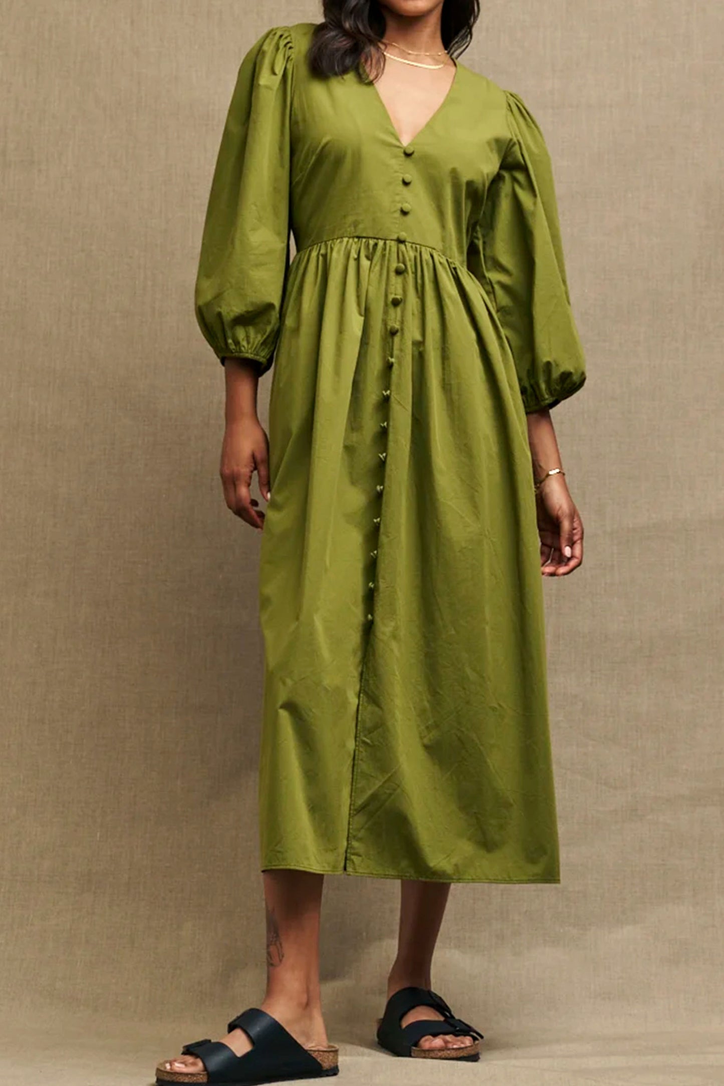 Olive Green Balloon Sleeve Ria Midi Dress