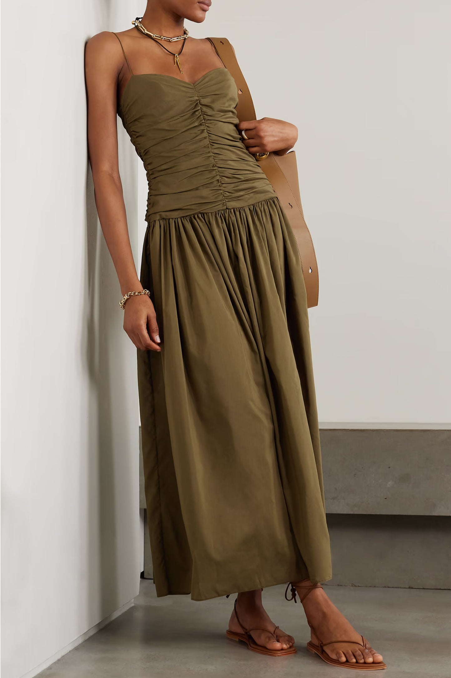 + NET SUSTAIN Green Gathered Organic Cotton And Silk-blend Midi Dress