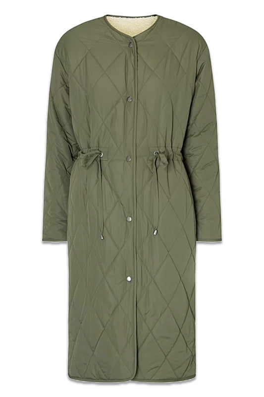Four Seasons Reversible Collarless Borg Quilted Coat, Khaki/Cream