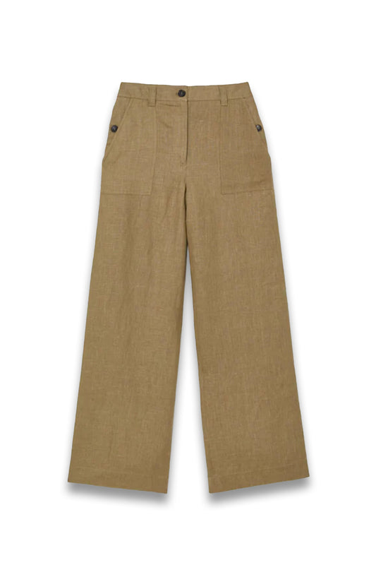 Linen Wide-Leg Trousers in Light Khaki Green