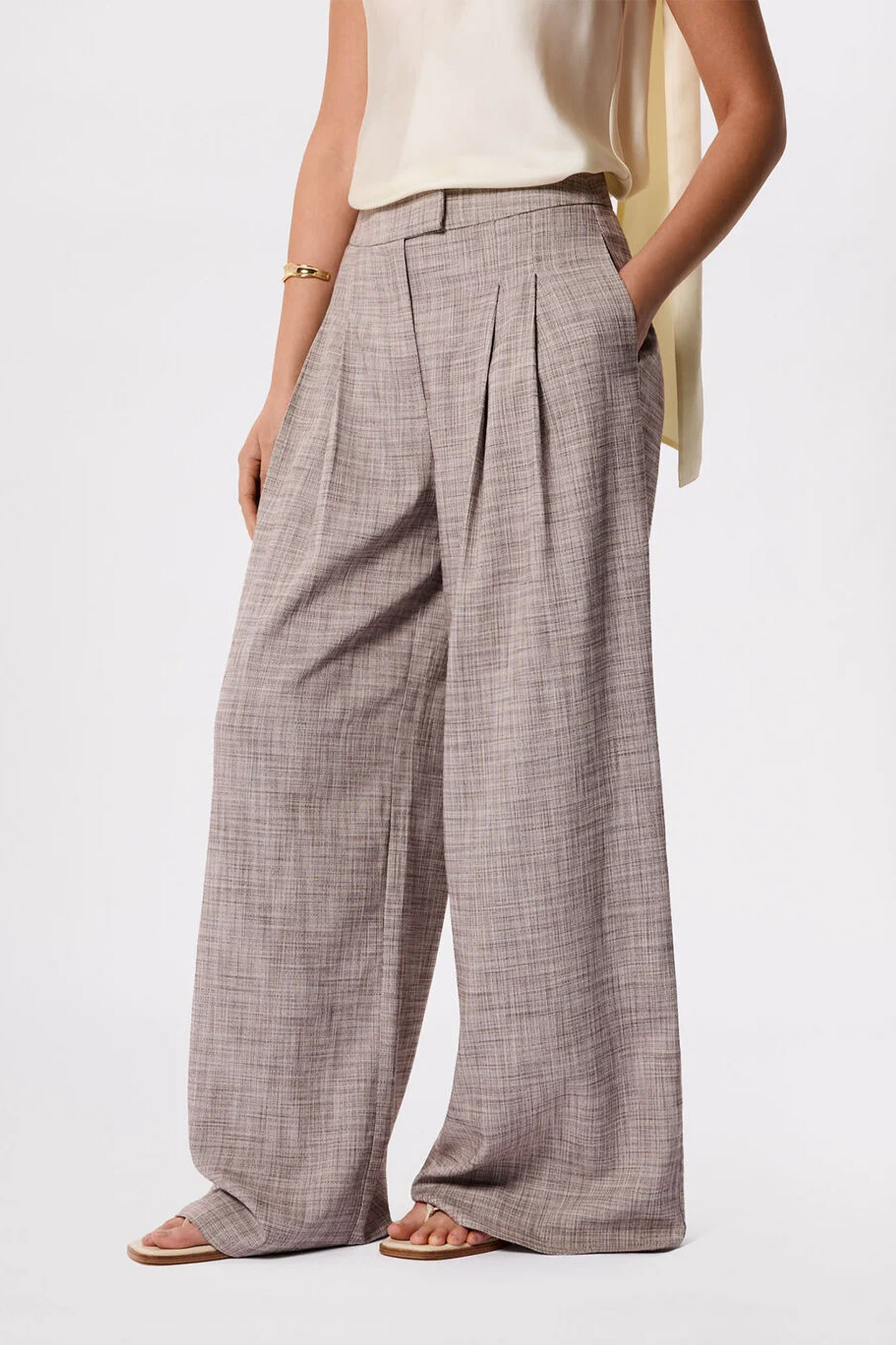 Grey Check-pleat Wide-leg Trouser