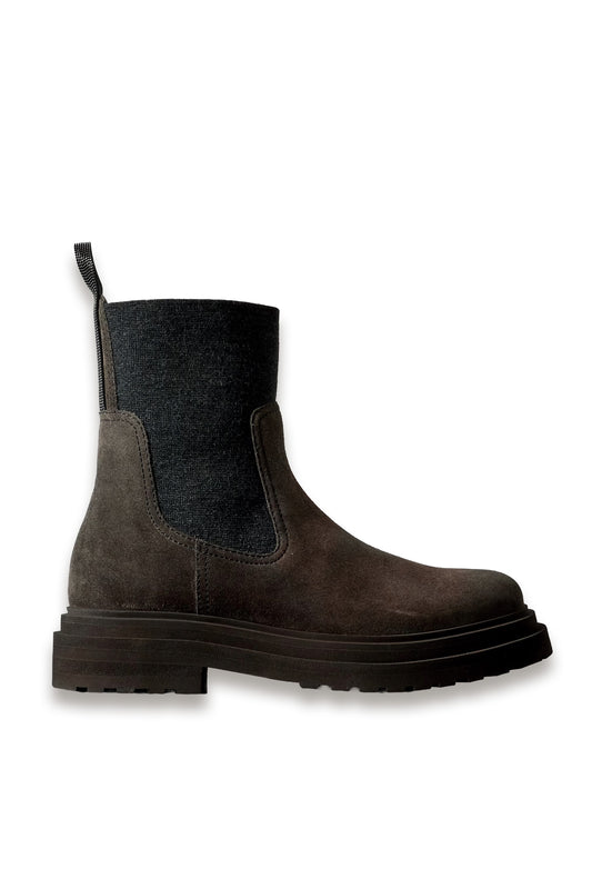 Bead-Embellished Knit-Trimmed Suede Chelsea Boots