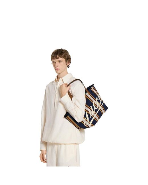 Embroidered Medium Canvas Tote Bag In Dark Blue