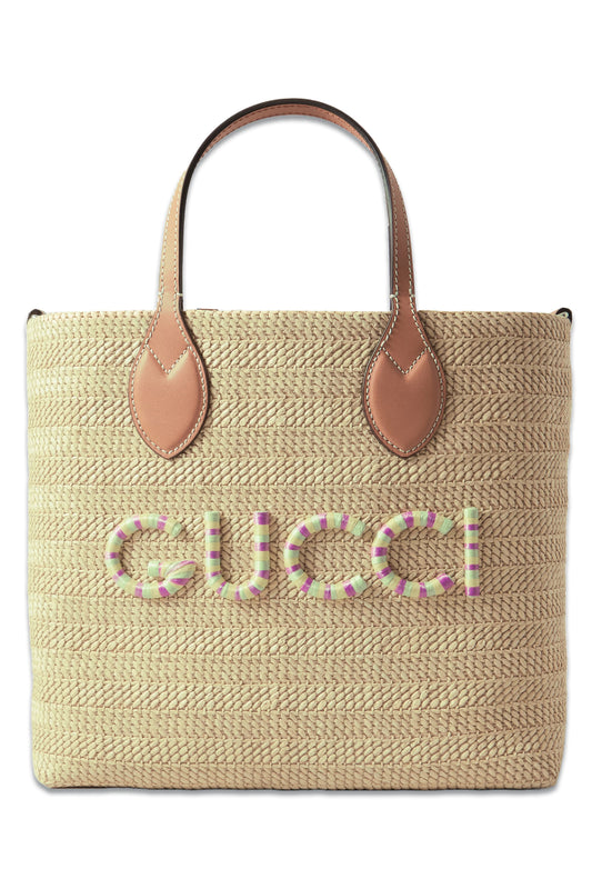 Leather-trimmed Appliquéd Raffia Tote