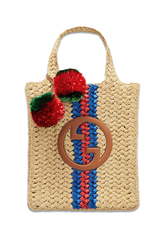 Embellished Leather-trimmed Crocheted Raffia Tote