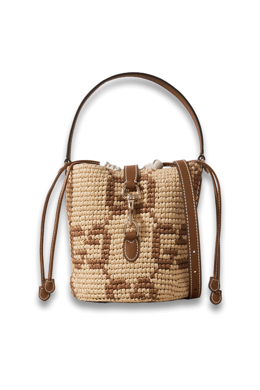 Mini Leather-Trimmed Raffia-Jacquard Bucket Bag