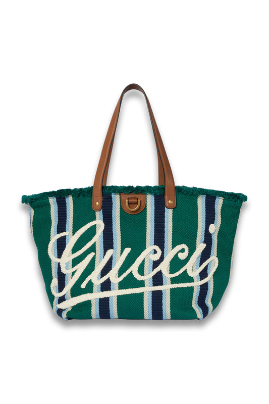 Embroidered Medium Canvas Tote Bag in Green