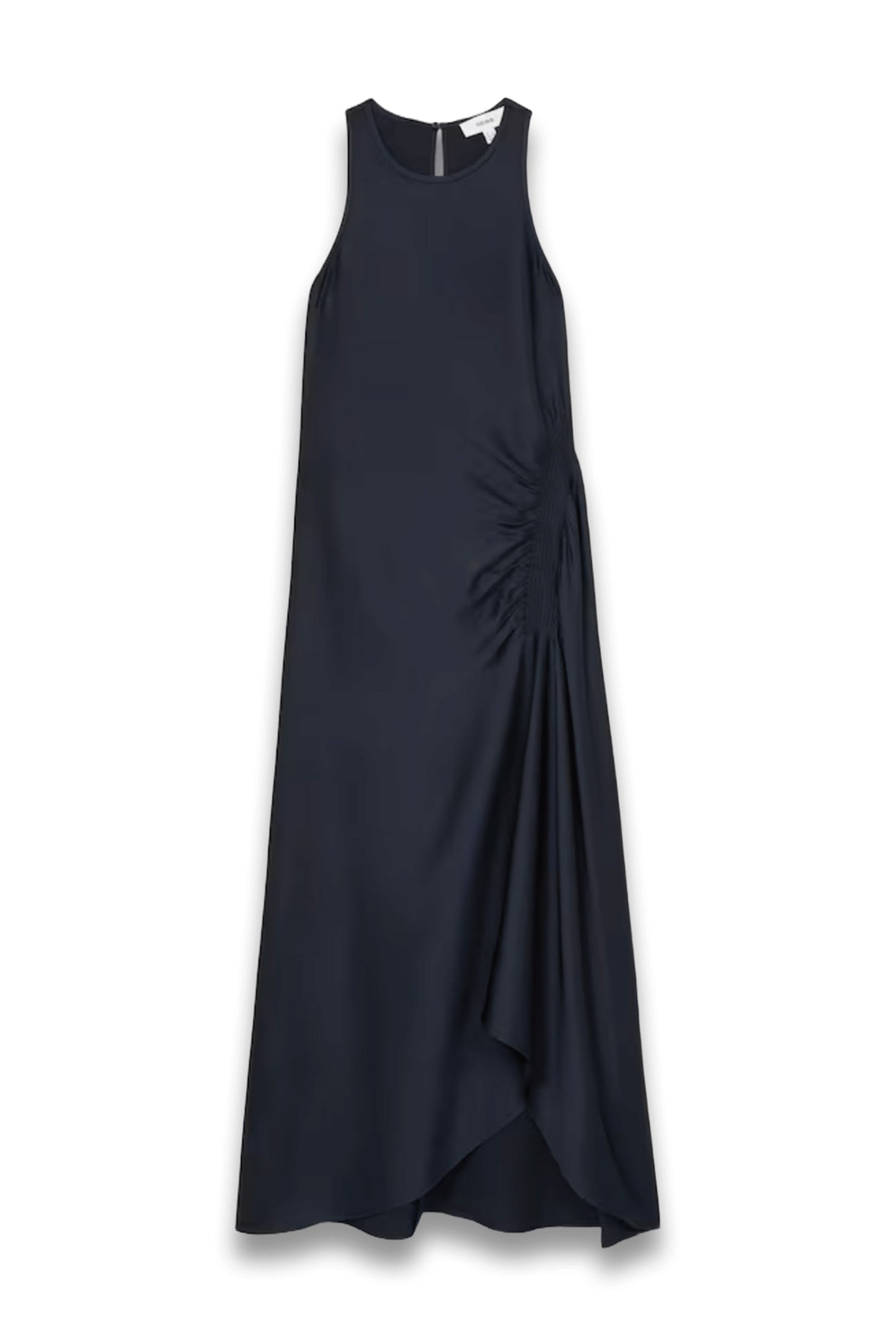 Anessa Petite Satin Shirred Midi Dress in Navy