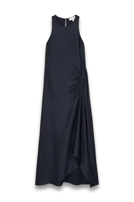 Anessa Petite Satin Shirred Midi Dress in Navy