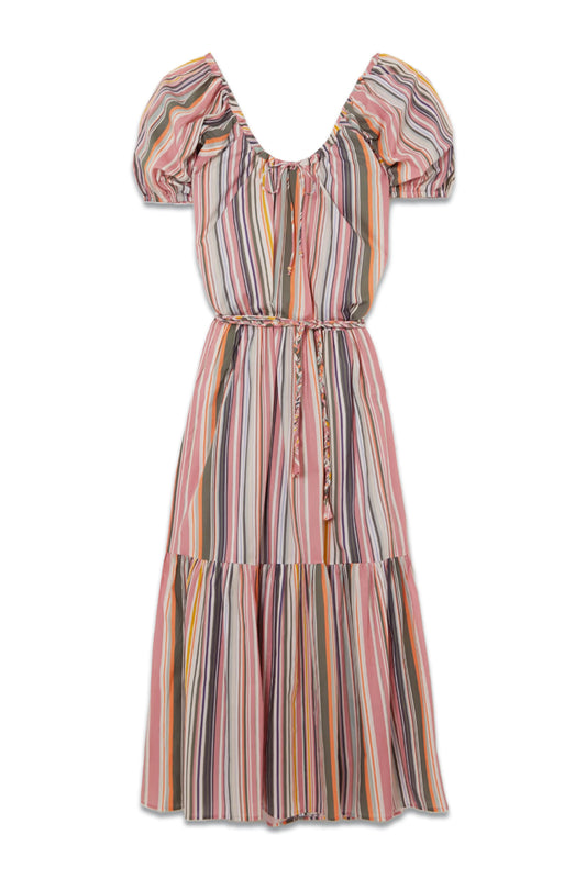 Selene Belted Tiered Striped Cotton Maxi Dress