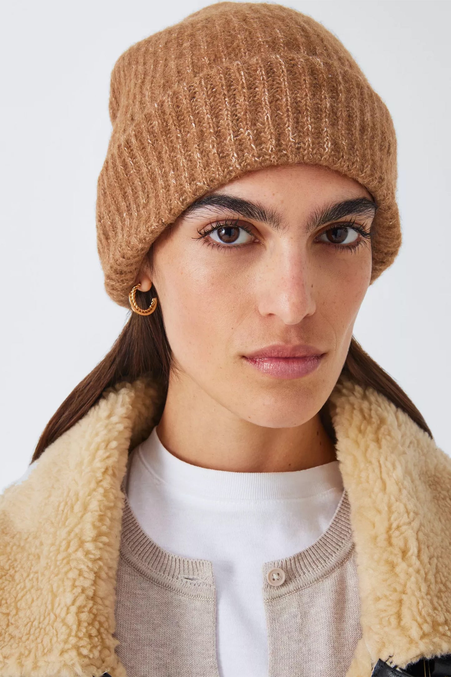 Alpaca Wool Blend Fluffy Rib Knit Beanie Hat, Caramel
