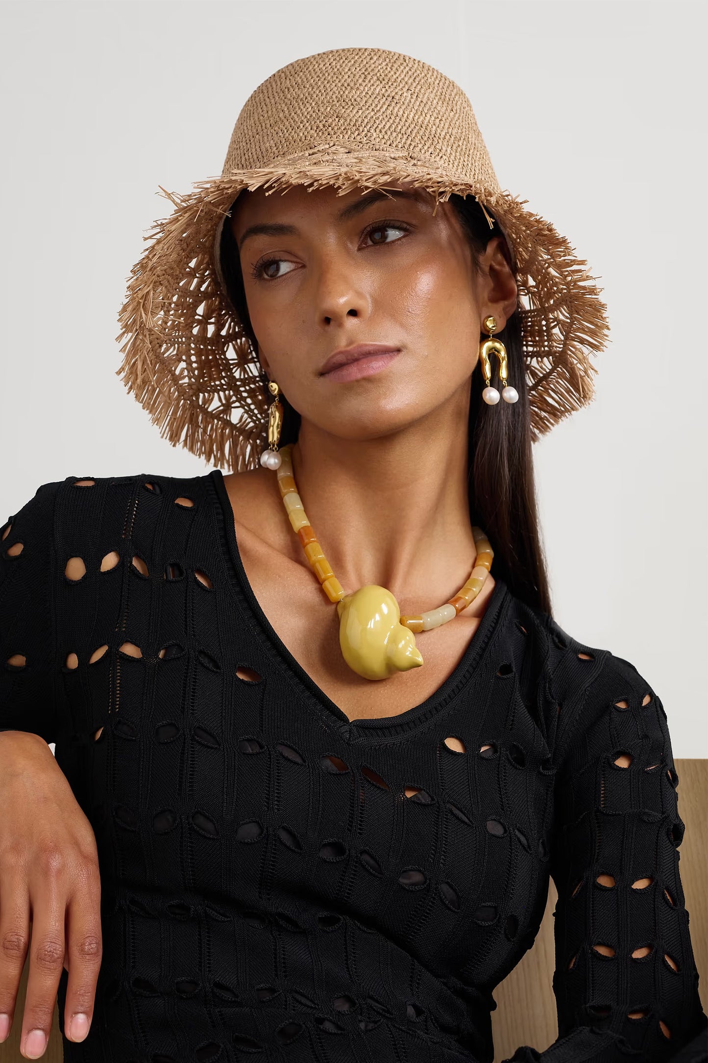 Fringed Macramé Raffia Bucket Hat