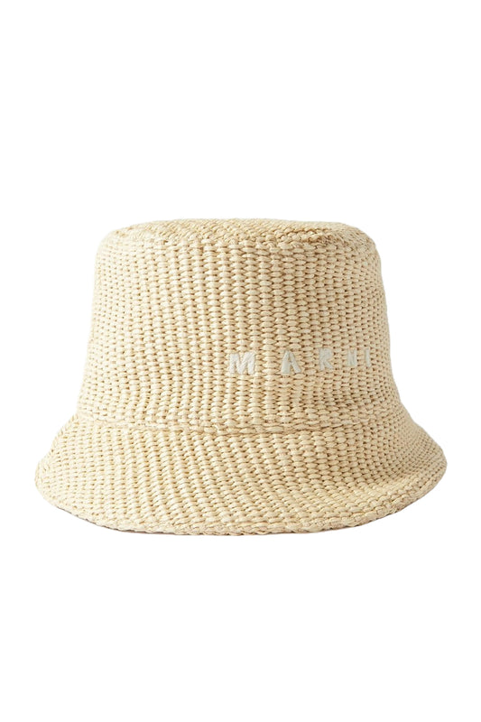 Embroidered Faux Raffia Bucket Hat