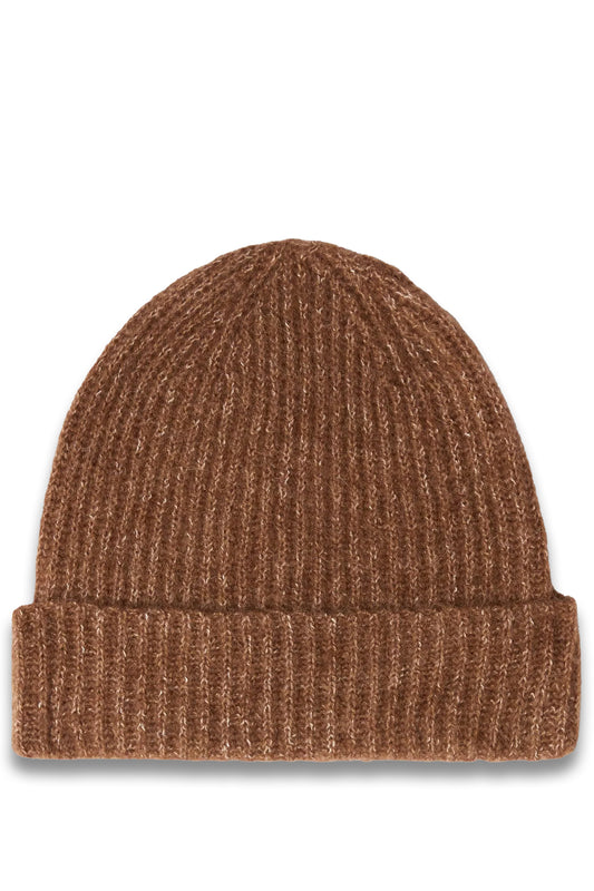 Alpaca Wool Blend Fluffy Rib Knit Beanie Hat, Caramel