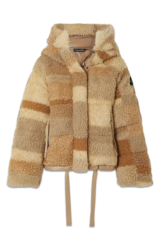 Hooded Quilted Colour-block Fleece Down Jacket