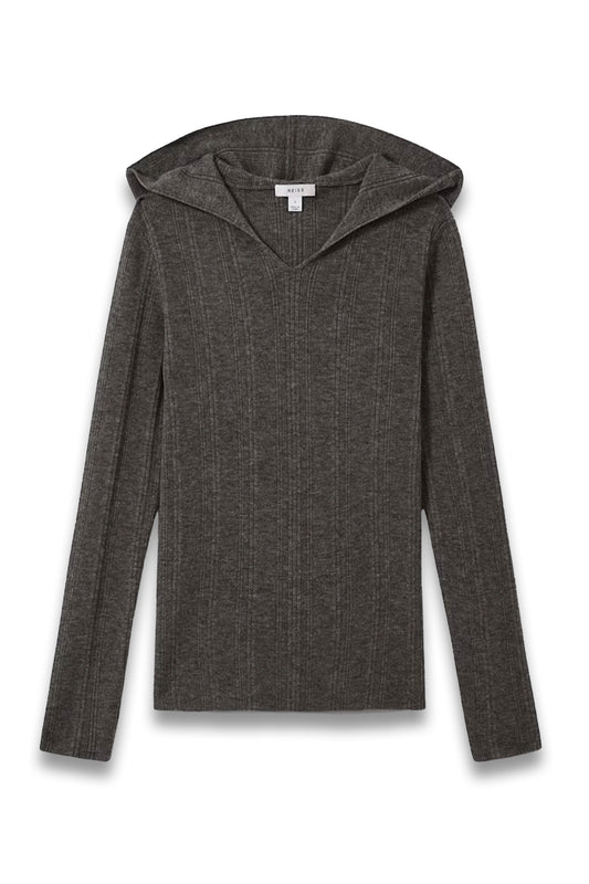 Wool-Blend Rib-Knit Hooded Jumper in Charcoal