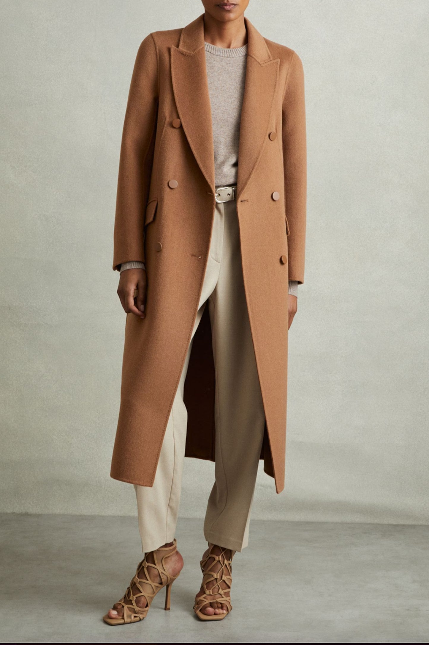 Maeve Wool Blend Double Breasted Blindseam Trench Coat in Toffee